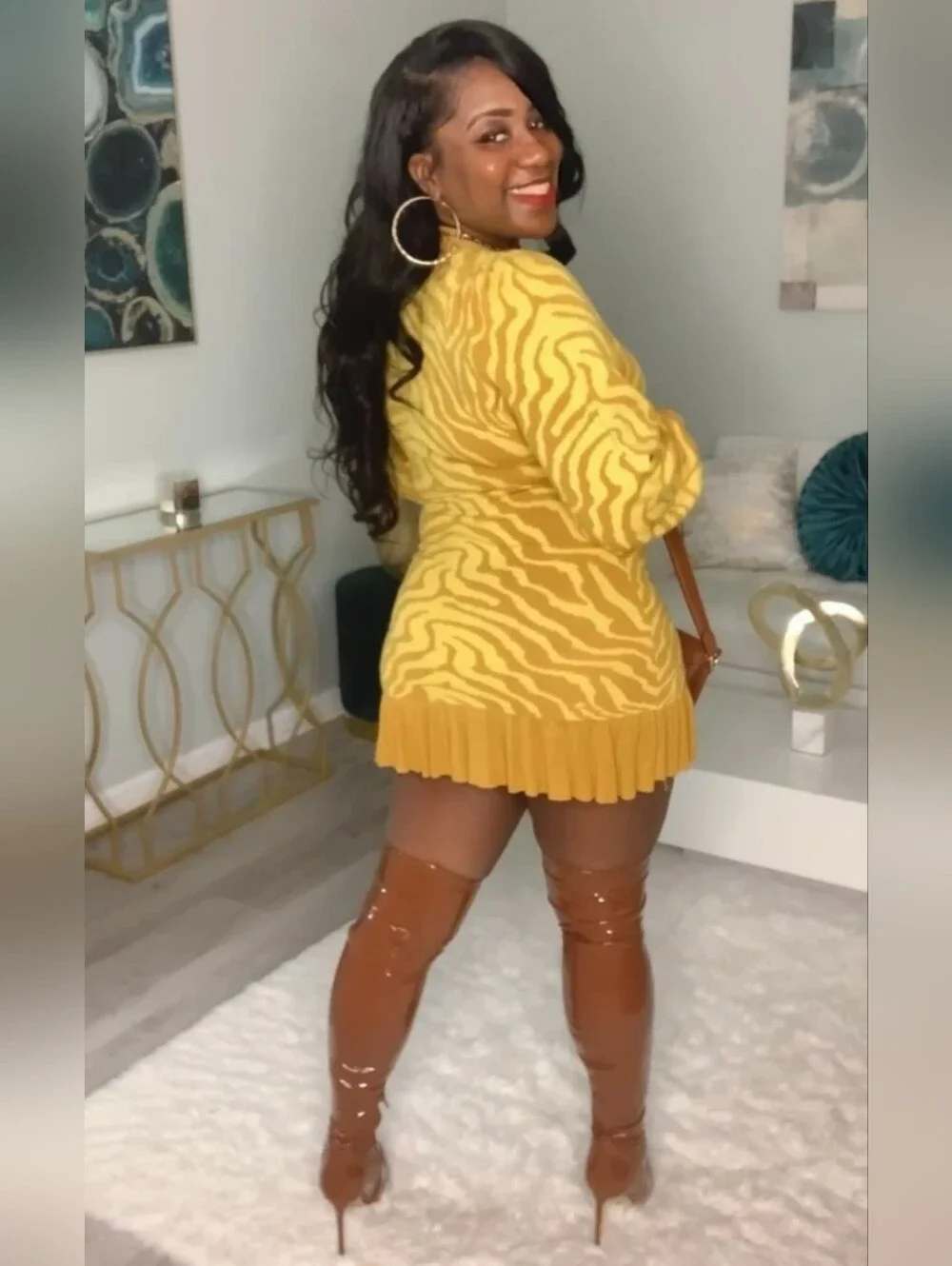 SHEIN Yellow Zebra-Print Pleated Hem Knit Mini Dress - Size Small - Picture 2 of 6